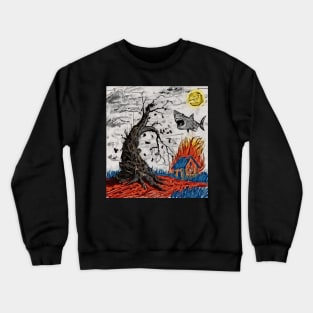 watercolor shark weird tree with house Crewneck Sweatshirt